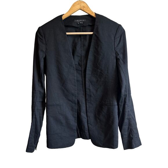 Theory Isita Crunch Open Front Linen Blend Blazer Black 2 - Picture 2 of 10